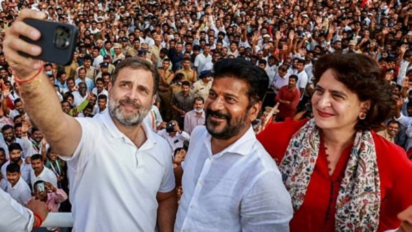 ரேவந்த் ரெட்டி - பிரியங்கா - ராகுல்காந்தி